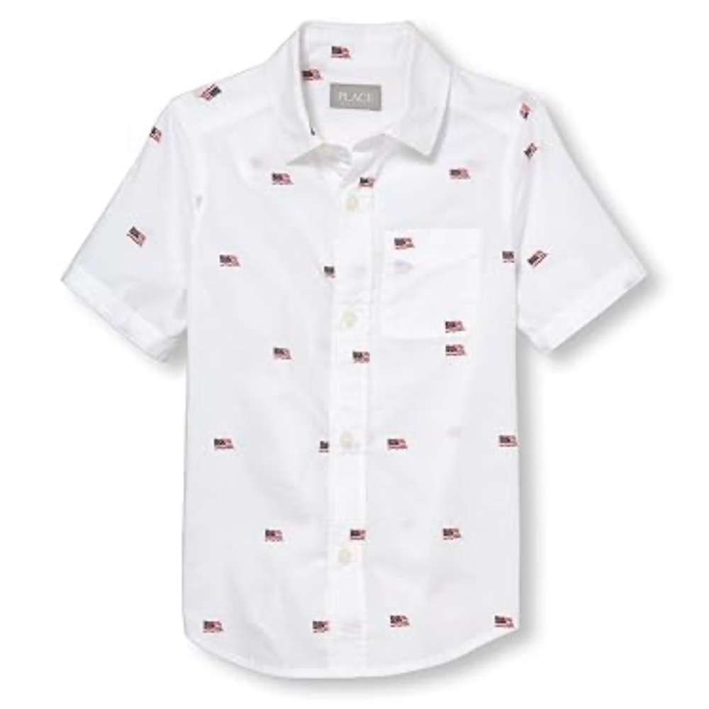 The Children’s Place Kids Short Sleeve American Flag Button Down Shirt, Size M